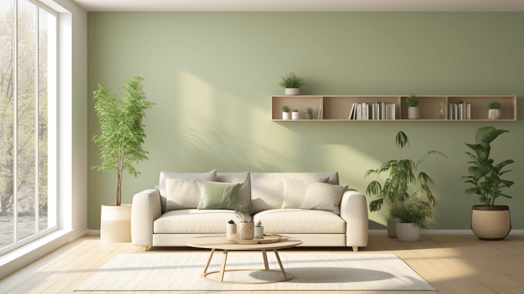 Сучасні кольори для стін у вітальні:Шавлієвий/Білий Антик