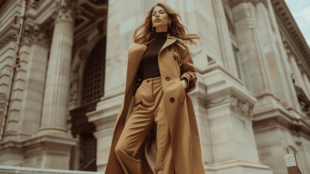 Образ 3: Штани палаццо, лонгслів, жилет, тренч. Ідеальний варіант для вітряної погоди.