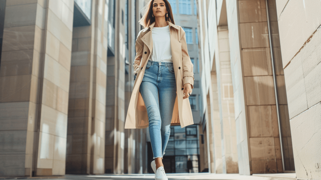 Образ 1: Джинси, біла футболка, застебнута сорочка як другий шар, зверху тренч. Взуття — лофери або кеди.