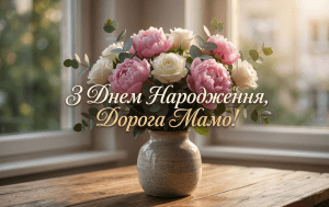 Головне зображення статті про привітання свекрусі: великий букет квітів на підвіконні з написом українською "З Днем Народження, Дорога Мамо!