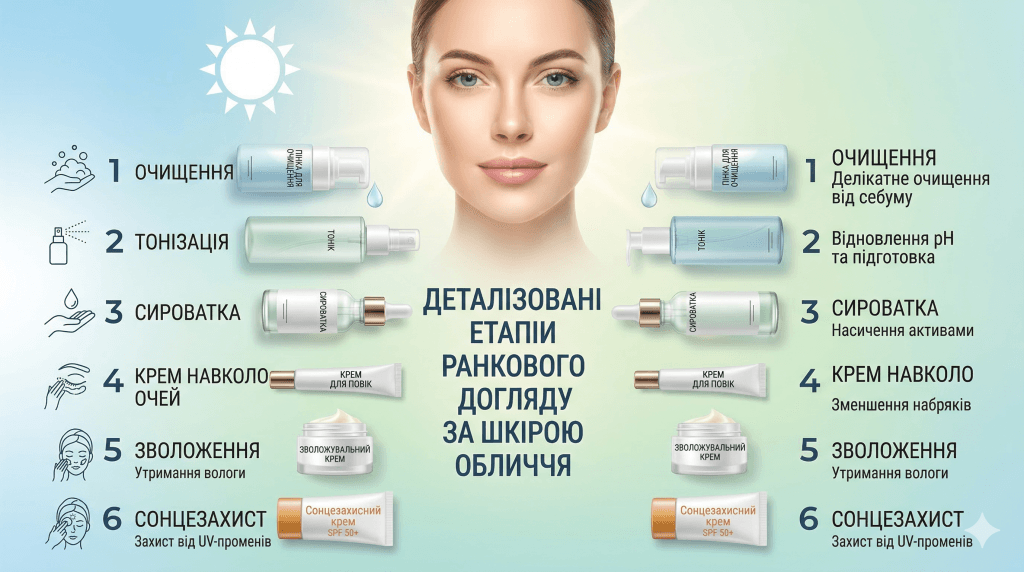ДЕТАЛІЗОВАНІ ЕТАПИ РАНКОВОГО ДОГЛЯДУ ЗА ШКІРОЮ ОБЛИЧЧЯ Очищення, Тонізація, Сироватка, Крем навколо очей, Зволоження, Сонцезахист