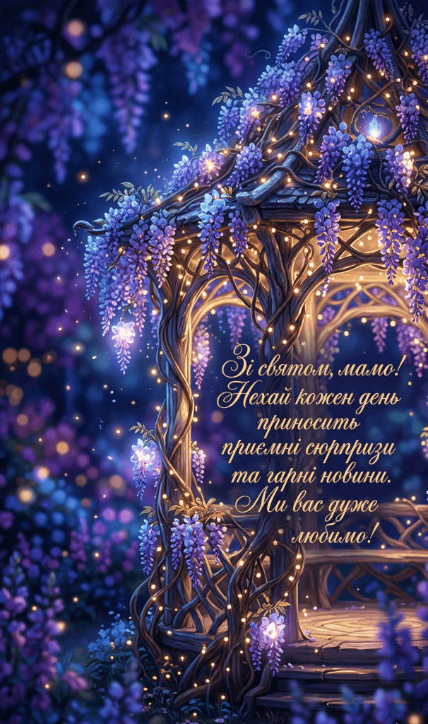 Зворушлива листівка з днем народження свекрусі: казковий сад у сутінках з написом українською