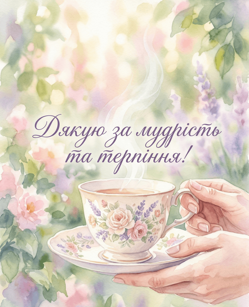 Зворушливе привітання свекрусі з днем народження в акварельному стилі з чашкою чаю та написом "Дякую за мудрість та терпіння!".