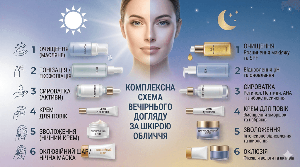 КОМПЛЕКСНА СХЕМА ВЕЧІРНЬОГО ДОГЛЯДУ ЗА ШКІРОЮ ОБЛИЧЧЯ