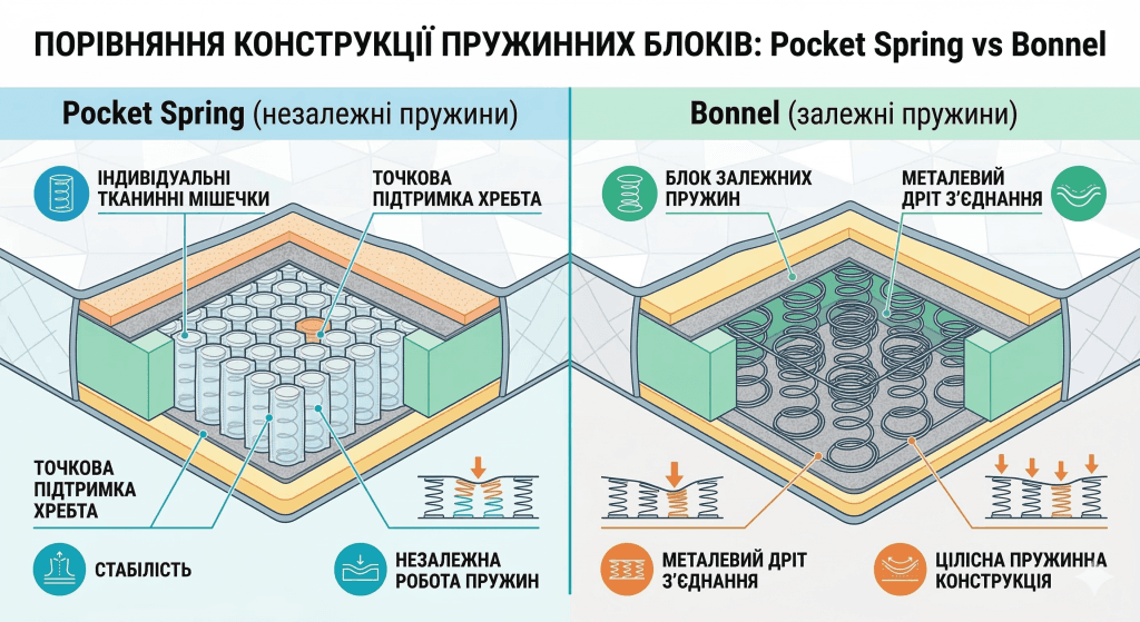 Основні конструктивні особливості та порівняння матраців pocket spring та bonnel