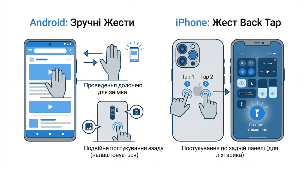 Приховані жести смартфона — знімок екрана долонею на Android та Back Tap на iPhone