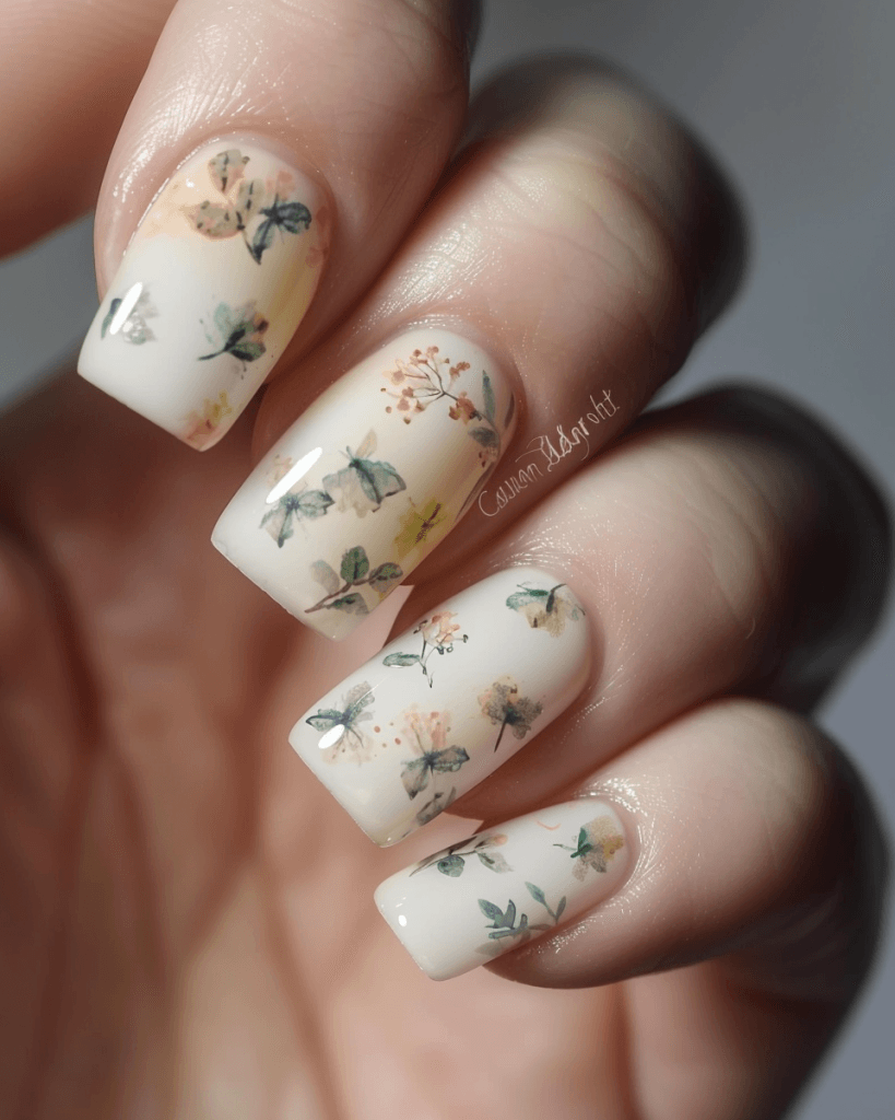повітряний дизайн на коротких нігтях, імітуючи ручний розпис акварельними фарбами
