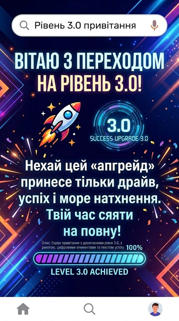 Скріншот вітального екрана мобільного додатка у футуристичному стилі з неоновими лініями, зірками та феєрверками. Вгорі розташований рядок пошуку з текстом «Рівень 3.0 привітання». У центрі великим білим шрифтом написано заголовок: «ВІТАЮ З ПЕРЕХОДОМ НА РІВЕНЬ 3.0!». Нижче зображена ілюстрована ракета, що злітає, і цифрова іконка «3.0» з текстом «SUCCESS UPGRADE 3.0». Ще нижче йде вітальний текст: «Нехай цей «апгрейд» принесе тільки драйв, успіх і море натхнення. Твій час сяяти на повну!». У нижній частині — заповнений на 100% прогрес-бар з текстом «LEVEL 3.0 ACHIEVED» та нижня панель навігації з іконками.