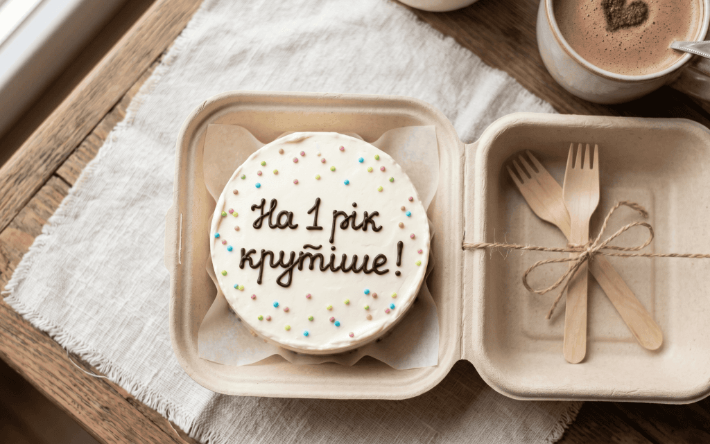 Маленький бенто-торт у відкритій еко-коробці з мінімалістичним дизайном та коротким веселим написом українською "На 1 рік крутіше!".