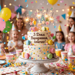 Яскравий дитячий святковий торт з макарунами, свічками та красивим шоколадним написом українською мовою "З Днем Народження, сонечко!" на фоні повітряних кульок та конфетті.