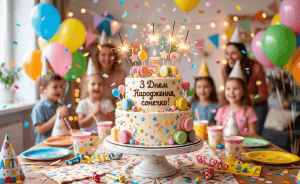 Яскравий дитячий святковий торт з макарунами, свічками та красивим шоколадним написом українською мовою "З Днем Народження, сонечко!" на фоні повітряних кульок та конфетті.
