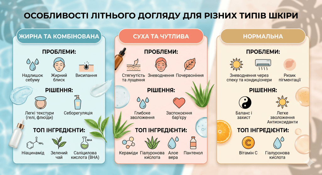 Детальна інфографіка про особливості літнього догляду за трьома типами шкіри: жирною та комбінованою, сухою та чутливою, нормальною. Описує проблеми, рекомендовані рішення та ключові інгредієнти для кожного типу.