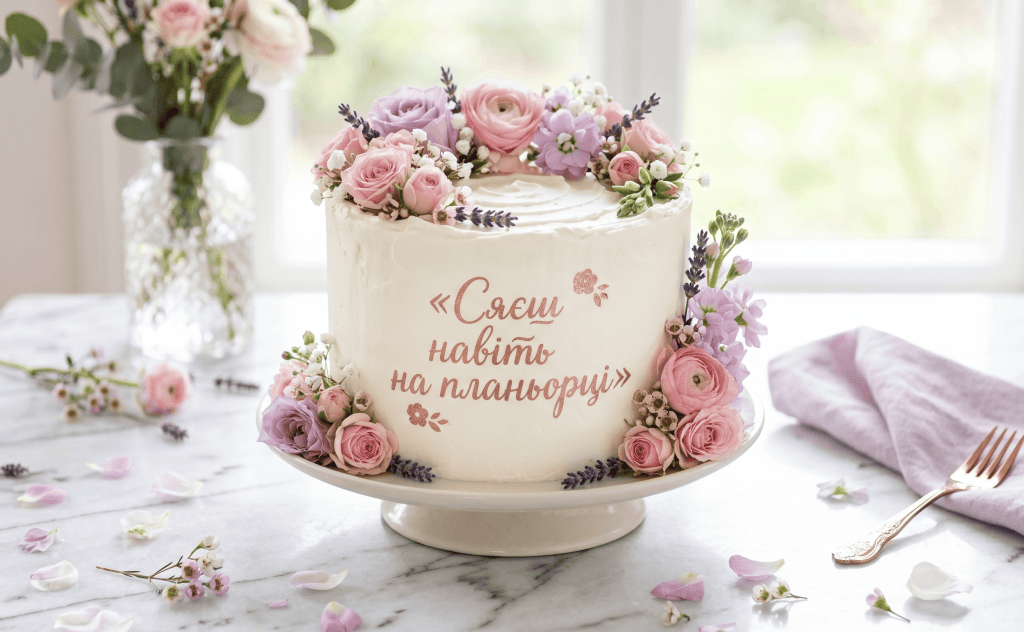 Ніжний святковий торт з написом «Сяєш навіть на планьорці» — ідея напису на торт колезі жінці на день народження