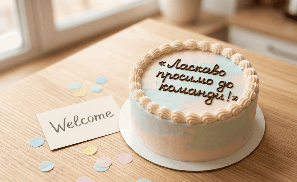 Бенто-торт з написом «Ласкаво просимо до команди!» — що написати на торті новому колезі