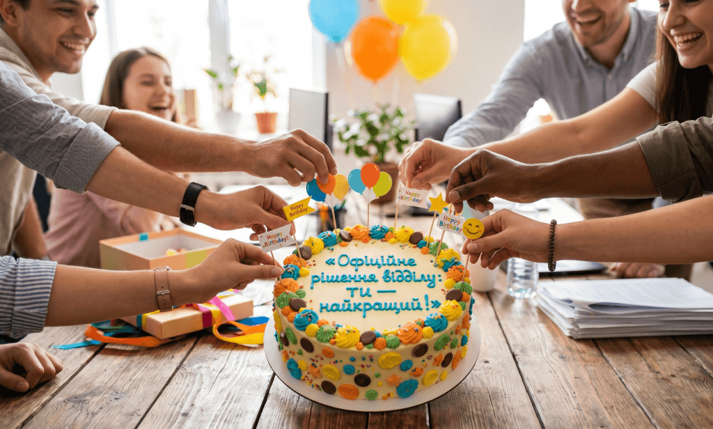 Торт від колективу з написом «Офіційне рішення відділу: ти — найкращий!» — прикольний напис на торт від усього відділу