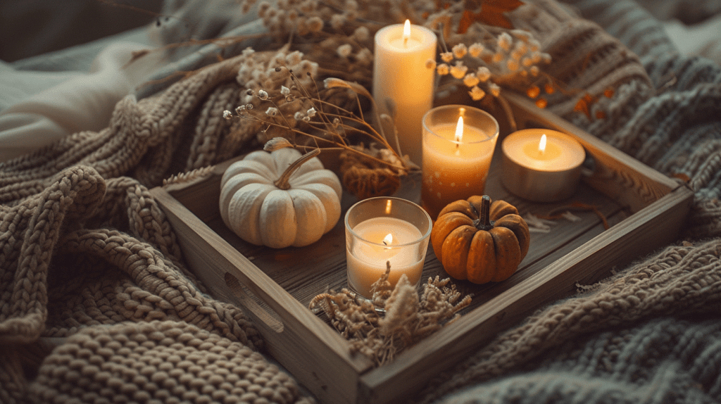 бюджетне оновлення інтер'єру квартири ідеї — сезонний декор осінь свічки сушені квіти поднос затишок