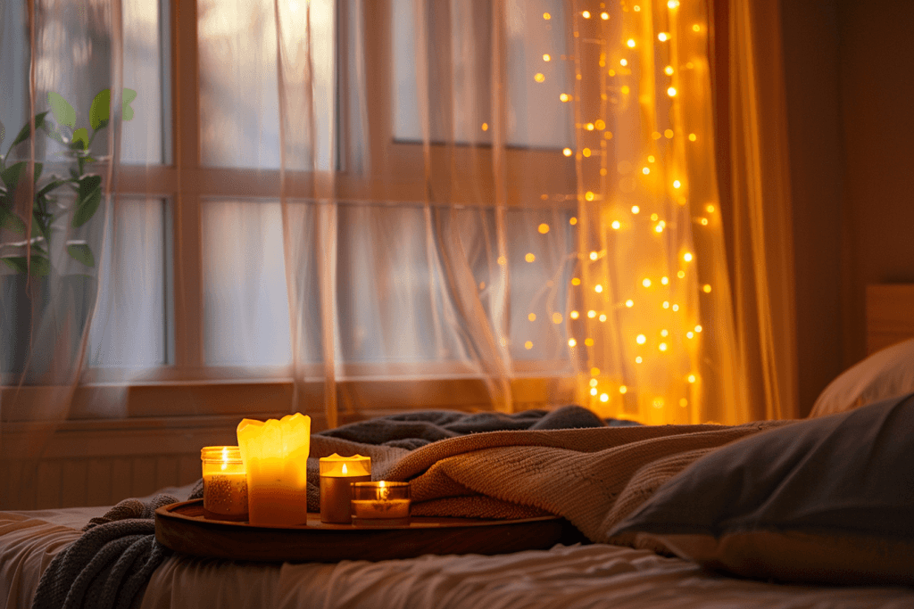 освітлення для затишку вдома ідеї — гірлянда свічки тепле світло спальня атмосфера