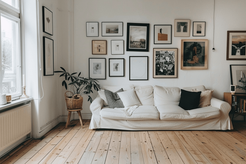 як змінити кімнату без ремонту ідеї — галерейна стіна рамки постери чорно-білі фото акцент