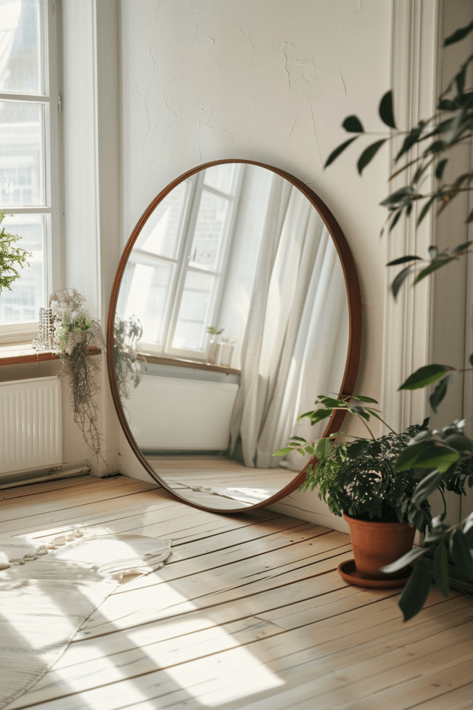 ідеї для затишку вдома без витрат — велике дзеркало відбиває світло вітальня мінімалізм