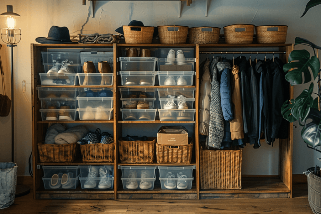 зберігання взуття сезонного в домашніх умовах — прозорі коробки органайзери для одягу у шафі ідеї