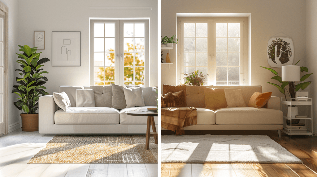 як перестановка меблів змінює кімнату — мінімалістична вітальня диван до вікна природне світло