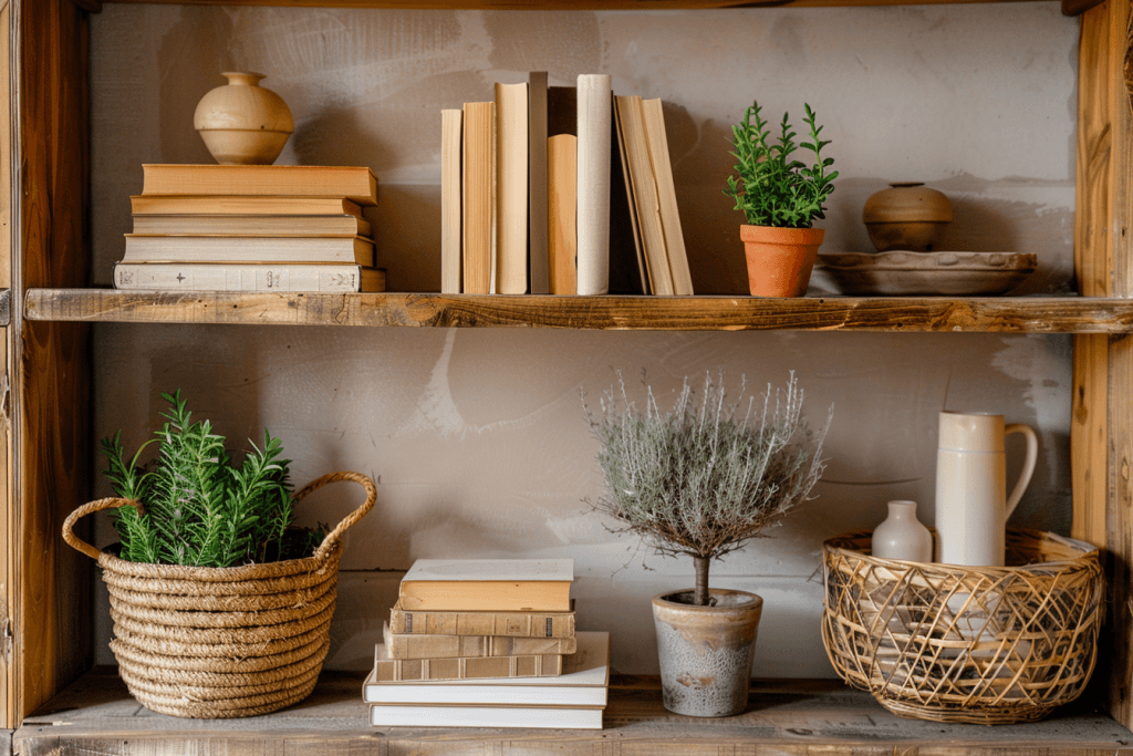 декор для дому своїми руками дешево — полиця книги кольором кошик рослини організація стиль