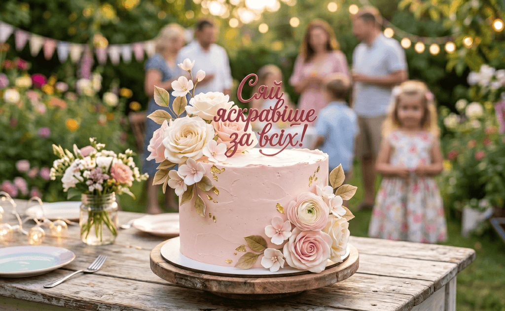 Ніжно-рожевий святковий торт для дівчинки, прикрашений квітами та золотом, із красивим золотим написом українською "Сяй яскравіше за всіх!".