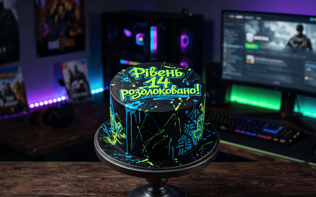 Сучасний чорний торт для підлітка в стилі графіті з яскравим неоновим написом українською мовою "Рівень 14 розблоковано!".