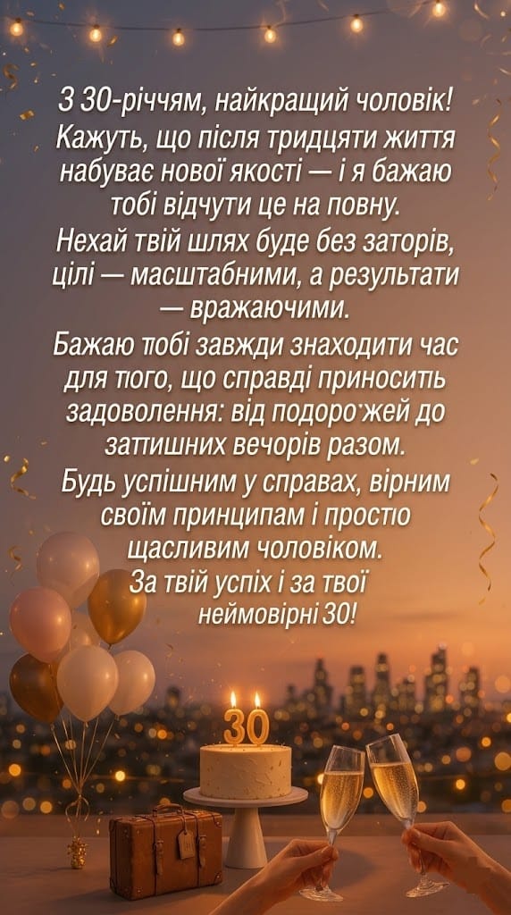 Естетична вертикальна листівка для мобільного пошуку до 30-річного ювілею чоловіка. На фоні панорамного виду на вечірнє місто у променях заходу сонця зображена святкова композиція: торт із запаленими свічками у формі числа «30», дві руки з келихами шампанського під час тосту, зв’язка повітряних кульок та вінтажна шкіряна валіза. Зверху розміщено розлогий текст привітання, що починається словами «З 30-річчям, найкращий чоловік!», з побажаннями масштабних цілей, успіху та вражаючих результатів.