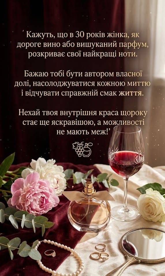Естетична вертикальна листівка для мобільного пошуку до 30-річчя жінки. На темно-бордовому оксамитовому фоні розміщена вишукана композиція: келих червоного вина, флакон парфумів із золотистим бантом, свіжі півонії, біла троянда, перлове намисто та золоті каблучки. Зверху золотистим шрифтом нанесено текст привітання, що порівнює жінку в 30 років із дорогим вином та вишуканим парфумом, з побажаннями яскравої внутрішньої краси та безмежних можливостей.