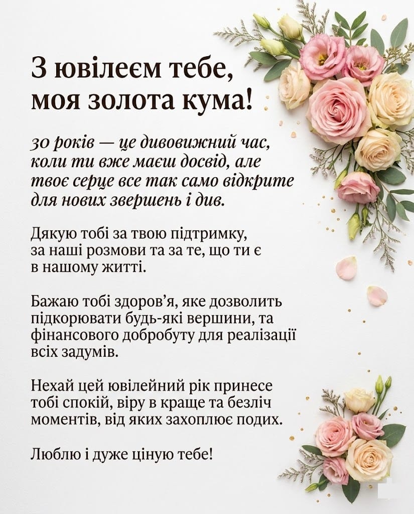 Вертикальна вітальна листівка для мобільного пошуку до 30-річного ювілею куми. На чистому білому фоні з правого боку розміщена витончена квіткова композиція з ніжно-рожевих та кремових троянд і еустом, доповнена зеленим листям евкаліпта та золотистим конфеті. Зліва великим шрифтом нанесено душевне привітання, що починається словами «З ювілеєм тебе, моя золота кума!», з побажаннями здоров'я, фінансового добробуту та нових див у житті.