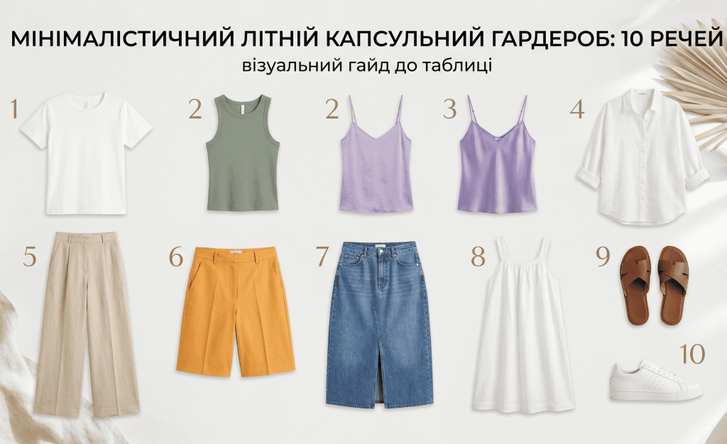 Візуальний гайд до структури мінімалістичного літнього капсульного гардероба на 10 речей. На зображенні представлено пронумерований набір базового одягу: біла футболка, топи у трендових кольорах, лляна сорочка, штани палаццо, бермуди, джинсова спідниця, біла сукня, коричневі сандалі та білі кеди.