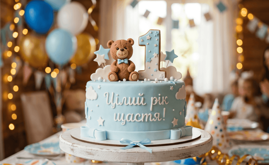 Дитячий торт у блакитних тонах на перший день народження хлопчика з малюнком ведмедика та їстівним написиом українською мовою "Цілий рік щастя!".