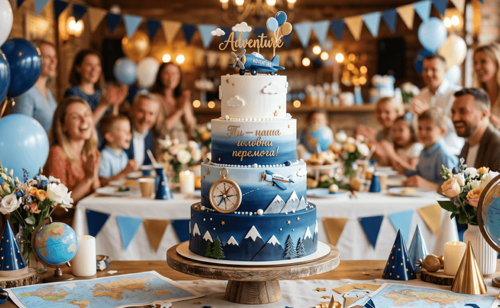 Гарний святковий торт для сина на тему подорожей та пригод, прикрашений літаком та компасом, із зворушливим написом українською "Ти — наша головна перемога!".