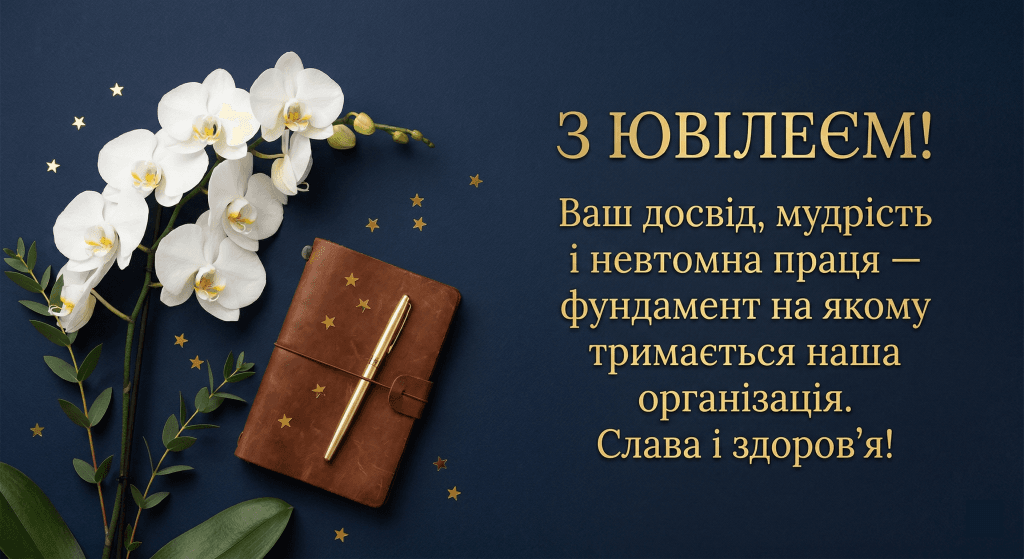 від колективу привітання директору з ювілеєм — орхідея темний фон золото урочиста листівка