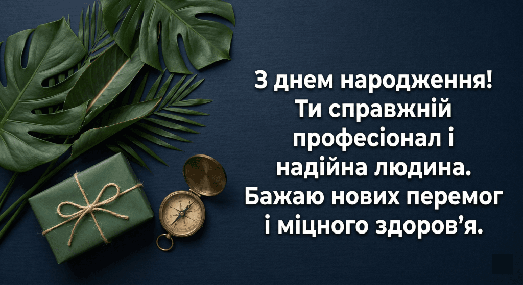 вітання з днем народження колезі чоловіку — темний фон листя подарунок стильна листівка
