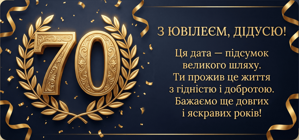 довгі зворушливі привітання дідусю з ювілеєм — золото темний фон 70 років урочиста листівка