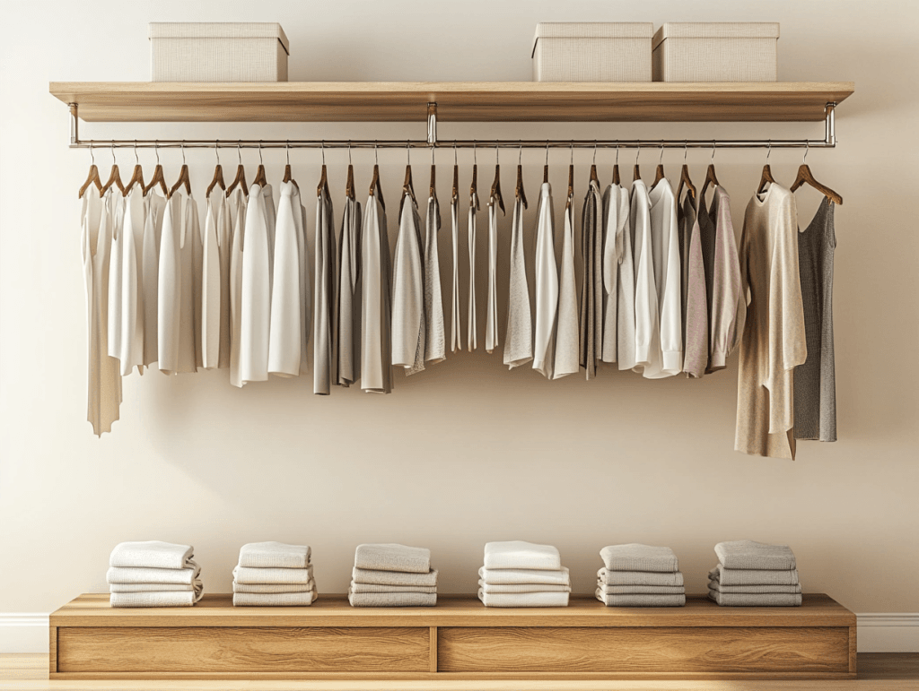 зберігання одягу без шафи маленька квартира — відкритий гардероб на рейлінгу з однаковими вішаками