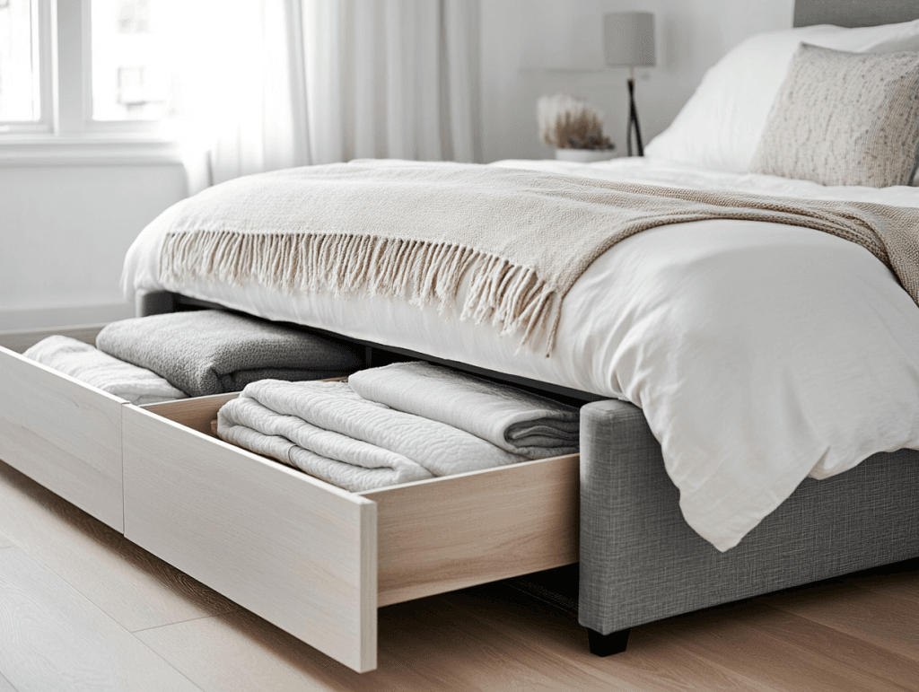 зберігання під ліжком ідеї маленька спальня — ліжко з висувними шухлядами та підйомним механізмом