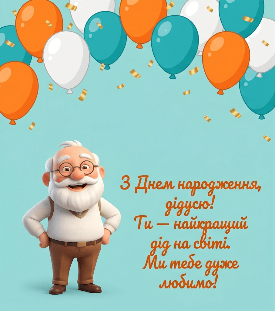 короткі привітання дідусю з днем народження — мультяшний дідусь кульки листівка від онуків