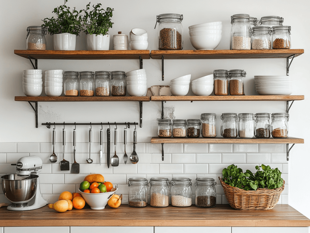 організація кухні в маленькій квартирі без місця — відкриті полиці магнітна рейка підвісні кошики