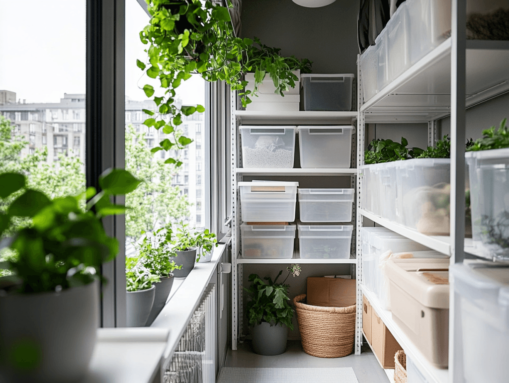 організація речей на балконі маленька квартира — стелажі з контейнерами та лавка скриня