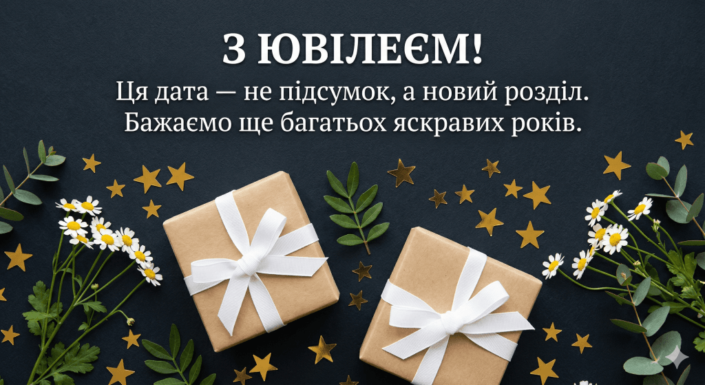 привітання директору з ювілеєм від колективу — подарунки ромашки темний фон золото