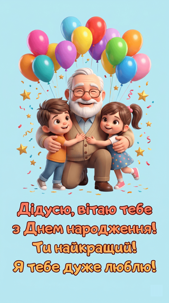 привітання дідусю від маленьких онуків текст — мультяшний дідусь з онуками листівка картинка