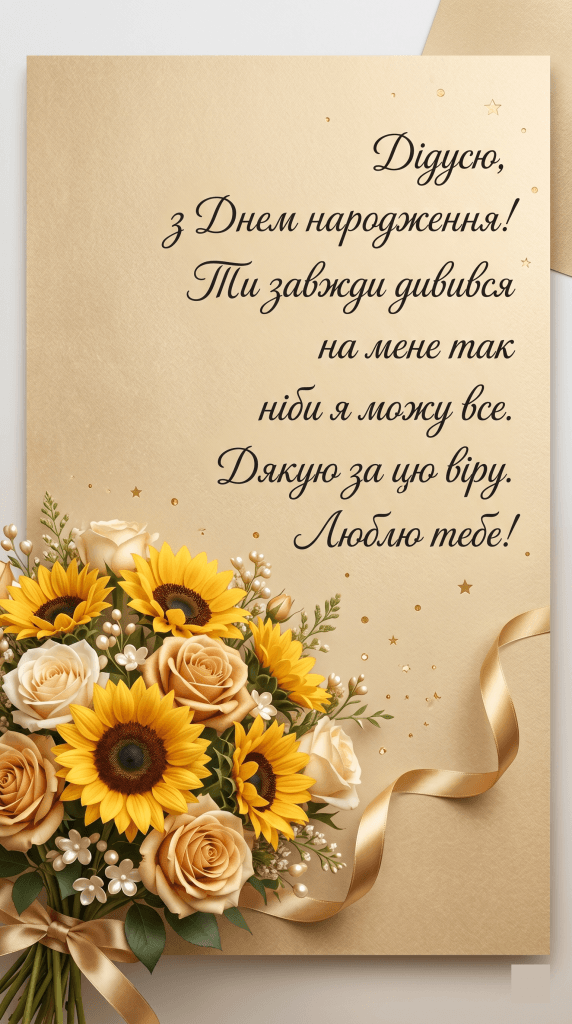 привітання з днем народження дідусю від онучки — квіти соняшники золотий фон листівка ніжна