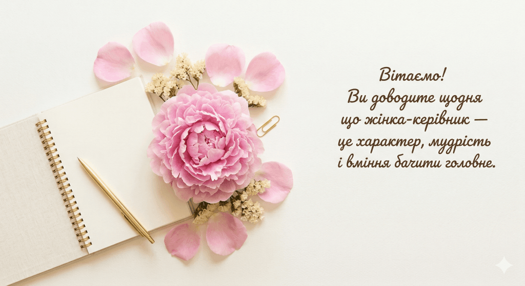 привітання з днем народження начальниці — піон рожевий блокнот елегантна жіноча листівка