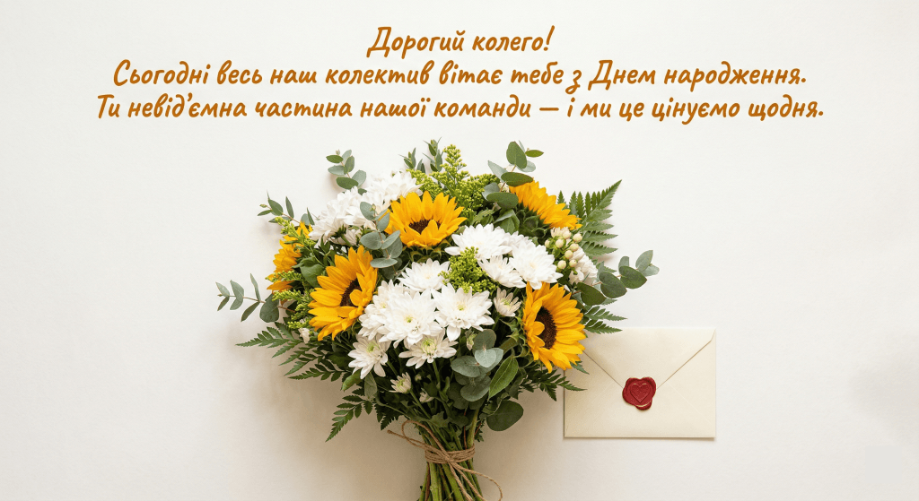 привітання колезі з днем народження від колективу — соняшники хризантеми конверт тепла листівка