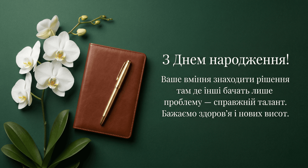 привітання колезі начальнику з днем народження — орхідея блокнот золота ручка ділова листівка