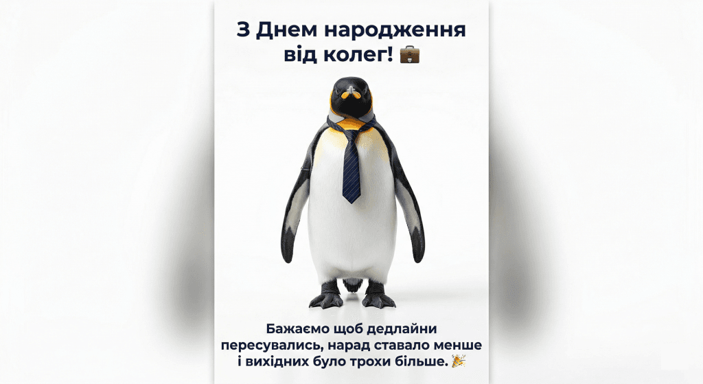 прикольні вітання колезі з днем народження — пінгвін краватка офіс дедлайни жарт гумор