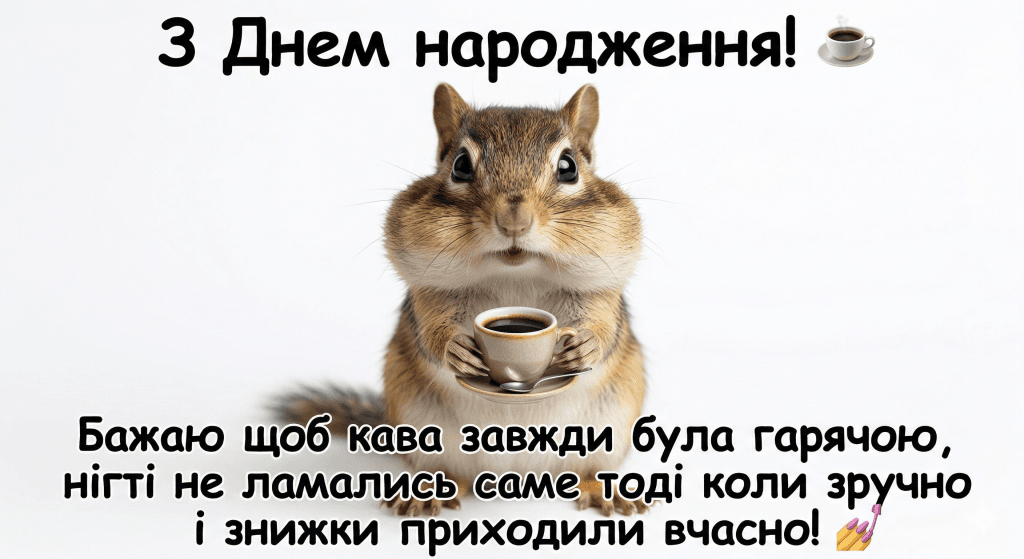  прикольні привітання жінці з днем народження — бурундук кава жарт нігті знижки гумор мем